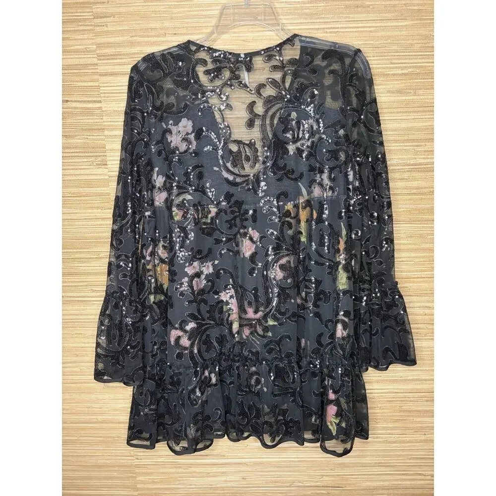 Free People Falling Flowers Frock Mini Dress Tunic Black Sz S